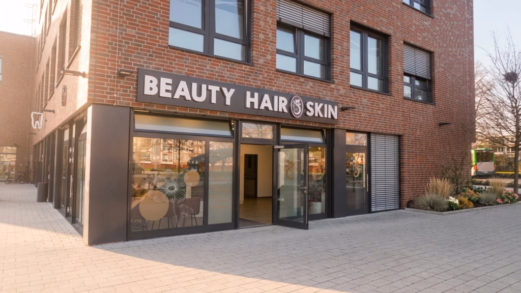Eingang des Beauty Hair & Skin Salons mit rotem Teppich